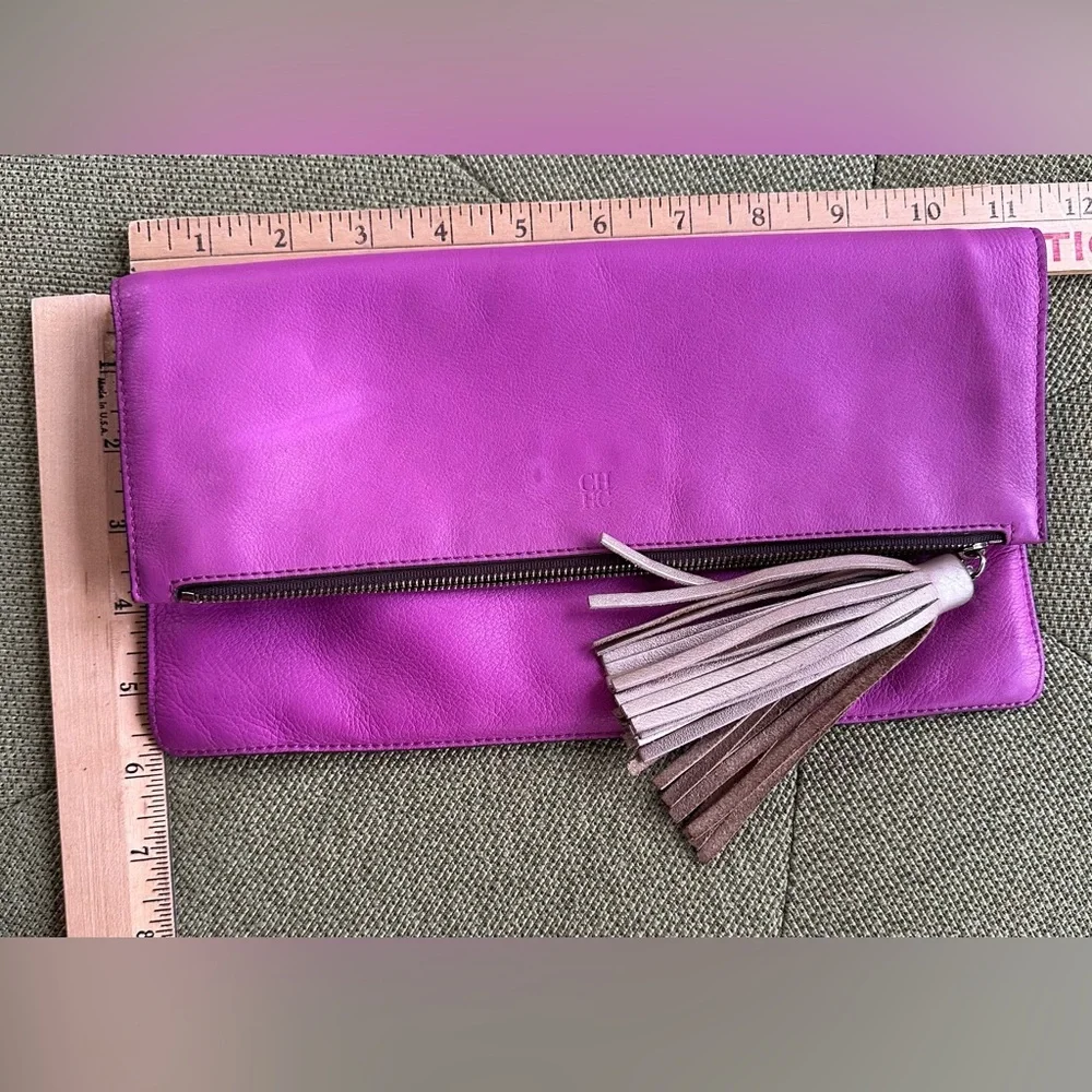 Quiet Luxury CH Carolina Herrera Fold-Over Fuchsia Clutch With Bronze Tassel